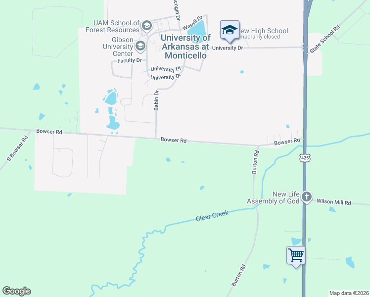 map of restaurants, bars, coffee shops, grocery stores, and more near 357 Bowser Road in Monticello