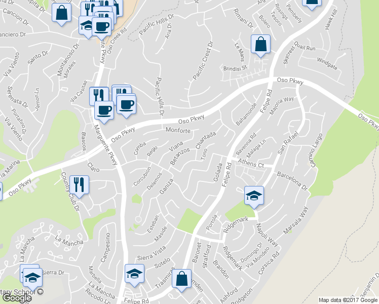 map of restaurants, bars, coffee shops, grocery stores, and more near 27416 Betanzos in Mission Viejo