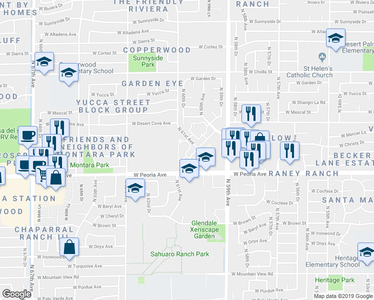 map of restaurants, bars, coffee shops, grocery stores, and more near 10654 North 60th Avenue in Glendale