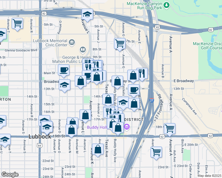 map of restaurants, bars, coffee shops, grocery stores, and more near 1205 Texas Avenue in Lubbock