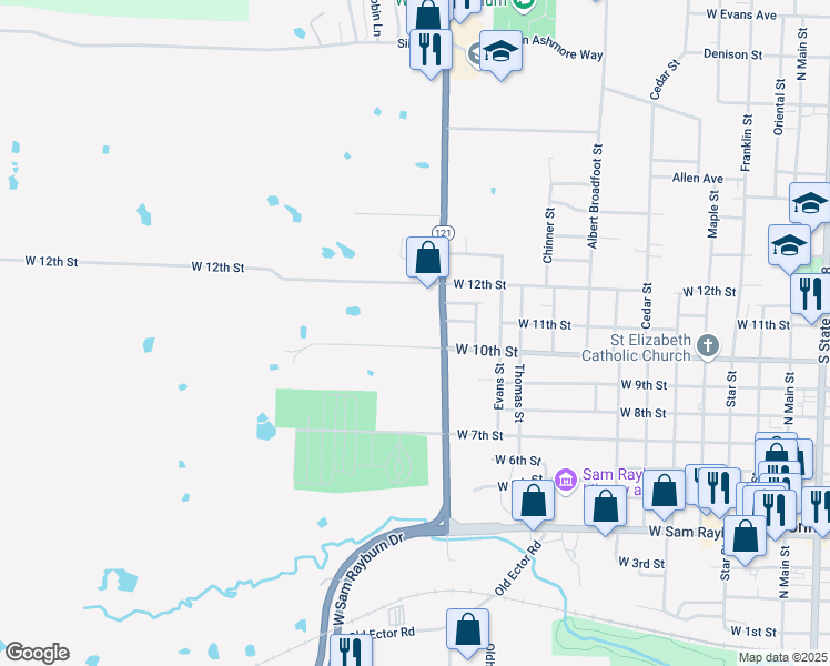 map of restaurants, bars, coffee shops, grocery stores, and more near 1015 State Highway 121 in Bonham