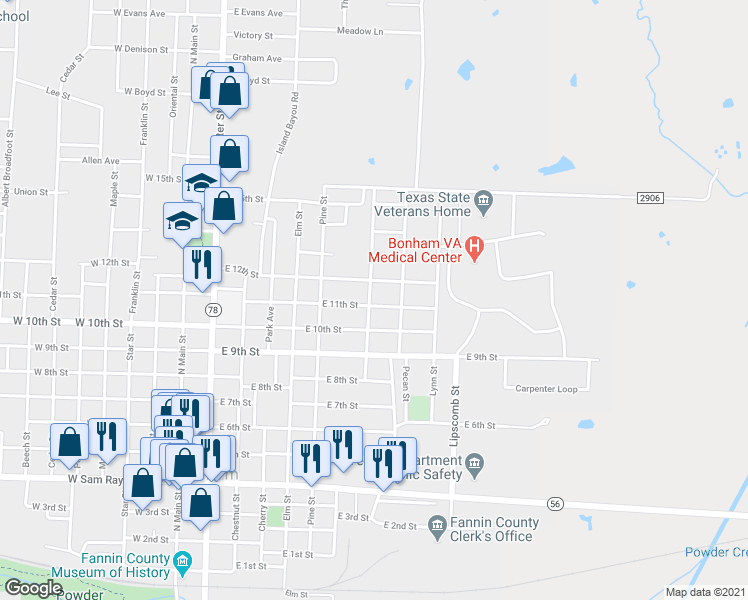 map of restaurants, bars, coffee shops, grocery stores, and more near 1100 Oak Street in Bonham