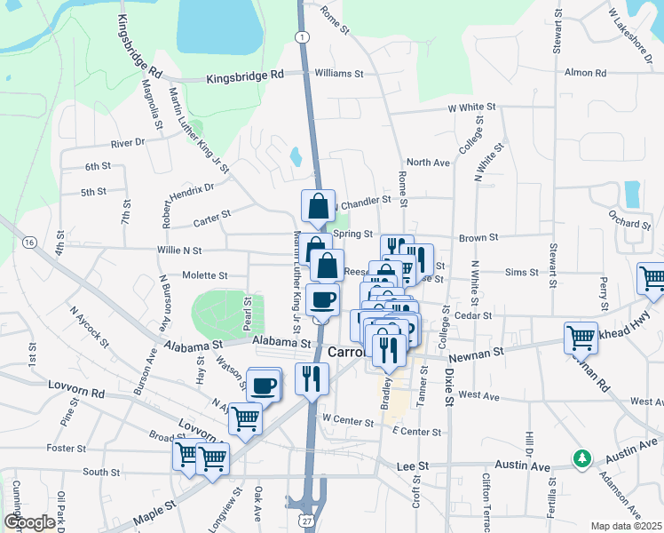 map of restaurants, bars, coffee shops, grocery stores, and more near 405 North Park Street in Carrollton
