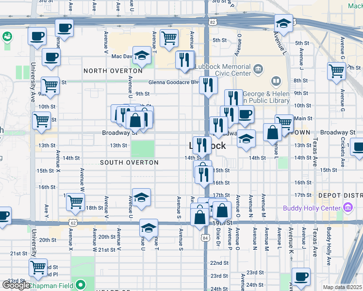 map of restaurants, bars, coffee shops, grocery stores, and more near 1811 13th Street in Lubbock
