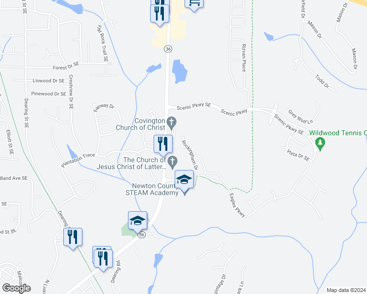 map of restaurants, bars, coffee shops, grocery stores, and more near 125 Rockingham Drive in Covington