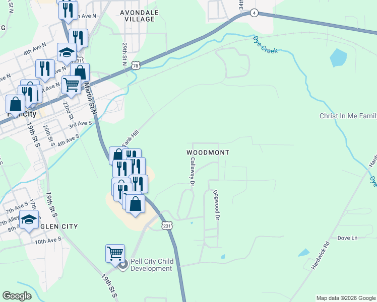 map of restaurants, bars, coffee shops, grocery stores, and more near 131 Callaway Drive in Pell City
