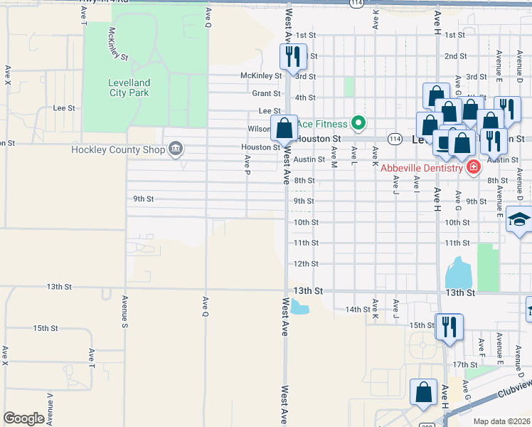 map of restaurants, bars, coffee shops, grocery stores, and more near 1611 10th Street in Levelland