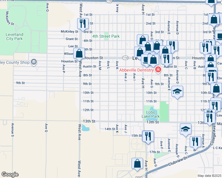map of restaurants, bars, coffee shops, grocery stores, and more near 1209 10th Street in Levelland