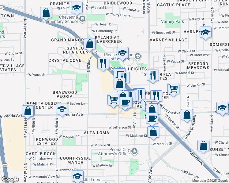 map of restaurants, bars, coffee shops, grocery stores, and more near 10860 North 85th Avenue in Peoria