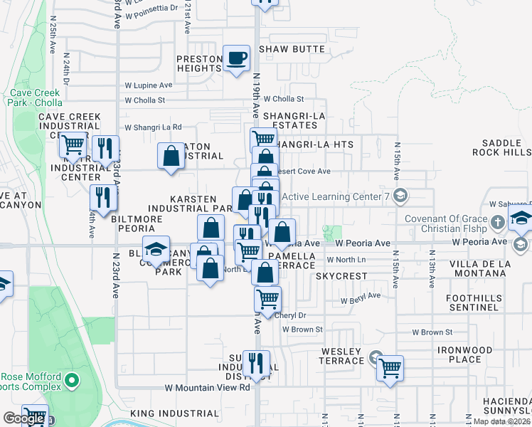 map of restaurants, bars, coffee shops, grocery stores, and more near 10643 North 19th Avenue in Phoenix
