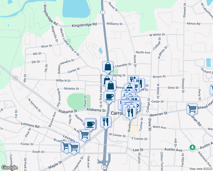 map of restaurants, bars, coffee shops, grocery stores, and more near 309 West Reese Street in Carrollton