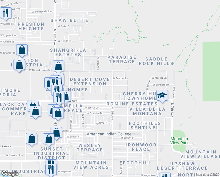 map of restaurants, bars, coffee shops, grocery stores, and more near 1517 West Sahuaro Drive in Phoenix