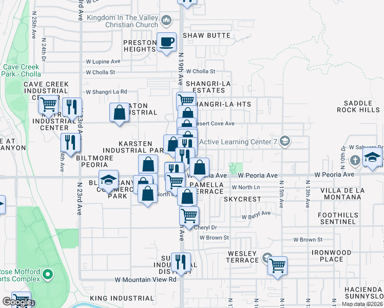 map of restaurants, bars, coffee shops, grocery stores, and more near 10643 North 19th Avenue in Phoenix