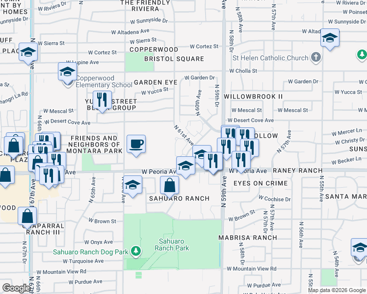 map of restaurants, bars, coffee shops, grocery stores, and more near 10654 North 60th Avenue in Glendale