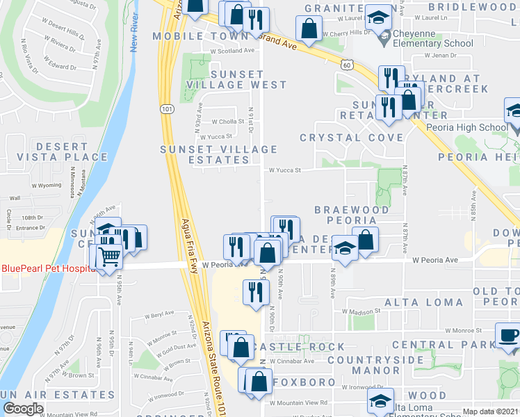map of restaurants, bars, coffee shops, grocery stores, and more near 10810 North 91st Avenue in Peoria