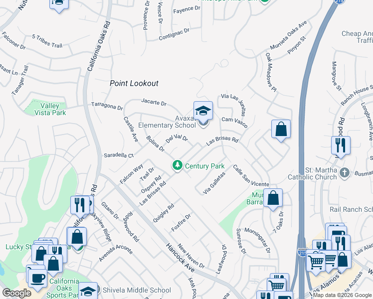 map of restaurants, bars, coffee shops, grocery stores, and more near 39580 Garin Drive in Murrieta