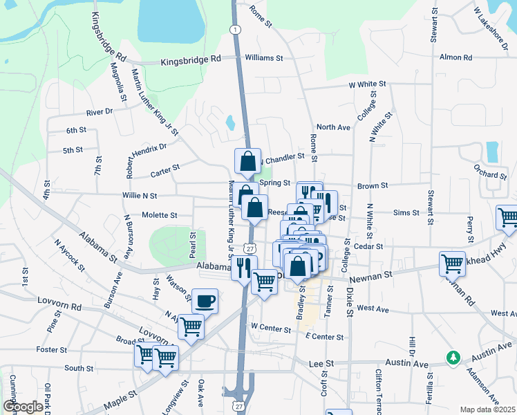 map of restaurants, bars, coffee shops, grocery stores, and more near 309 West Reese Street in Carrollton