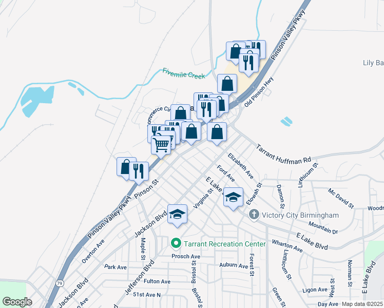 map of restaurants, bars, coffee shops, grocery stores, and more near 1627 Pinson Street in Birmingham
