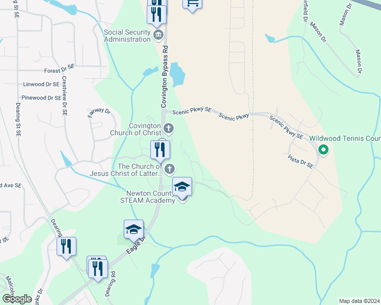 map of restaurants, bars, coffee shops, grocery stores, and more near 100 Rockingham Drive in Covington