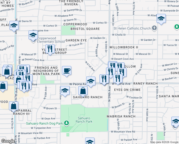map of restaurants, bars, coffee shops, grocery stores, and more near 10654 North 60th Avenue in Glendale
