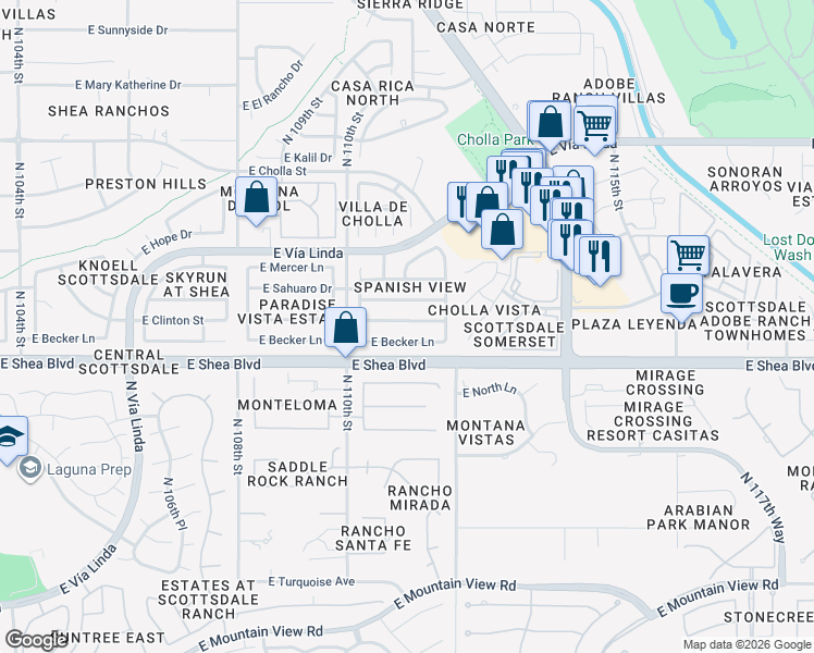 map of restaurants, bars, coffee shops, grocery stores, and more near 11105 East Clinton Street in Scottsdale