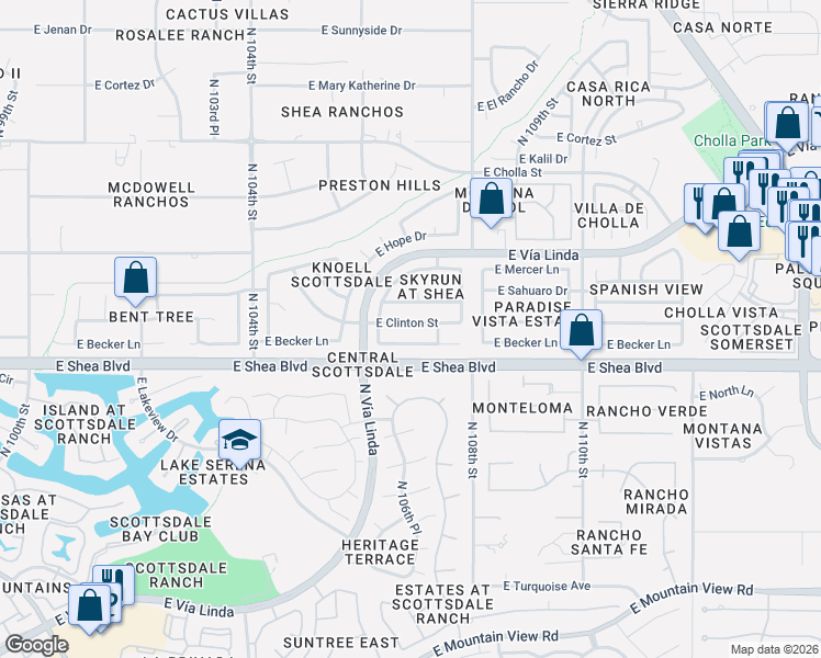 map of restaurants, bars, coffee shops, grocery stores, and more near 10685 East Clinton Street in Scottsdale