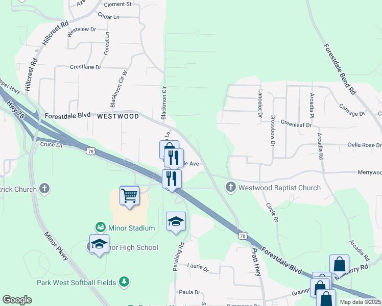 map of restaurants, bars, coffee shops, grocery stores, and more near 2532 Forestdale Blvd in Birmingham