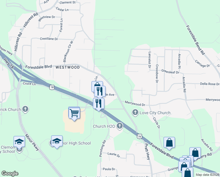 map of restaurants, bars, coffee shops, grocery stores, and more near 2532 Forestdale Boulevard in Birmingham
