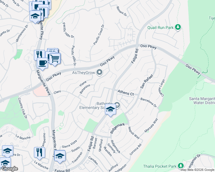 map of restaurants, bars, coffee shops, grocery stores, and more near 26141 Buscador in Mission Viejo