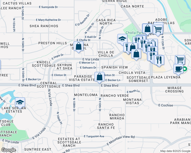 map of restaurants, bars, coffee shops, grocery stores, and more near 10965 East Clinton Street in Scottsdale