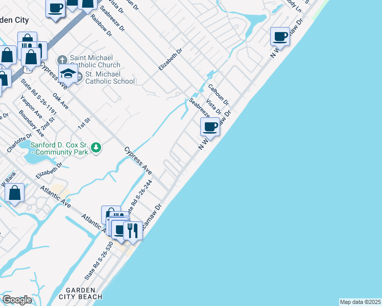 map of restaurants, bars, coffee shops, grocery stores, and more near 808 North Waccamaw Drive in Murrells Inlet