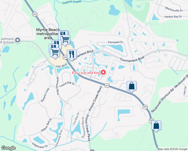 map of restaurants, bars, coffee shops, grocery stores, and more near 332 Wembley Way in Murrells Inlet