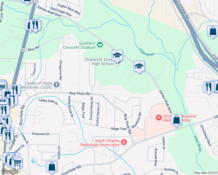 map of restaurants, bars, coffee shops, grocery stores, and more near 249 Shelburn Drive in Riverdale