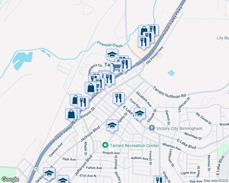 map of restaurants, bars, coffee shops, grocery stores, and more near 1627 Pinson Street in Birmingham