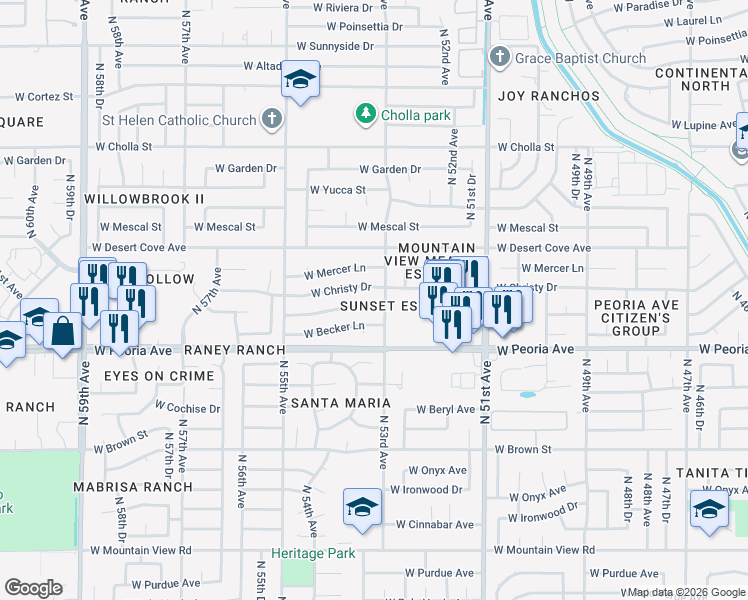 map of restaurants, bars, coffee shops, grocery stores, and more near 5308 West Saguaro Drive in Glendale