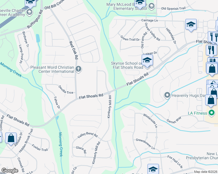 map of restaurants, bars, coffee shops, grocery stores, and more near 6280 Kimberly Mill Road in College Park
