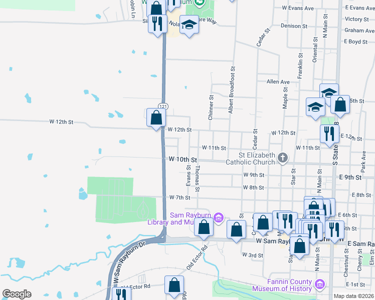 map of restaurants, bars, coffee shops, grocery stores, and more near 1019 Evans St in Bonham