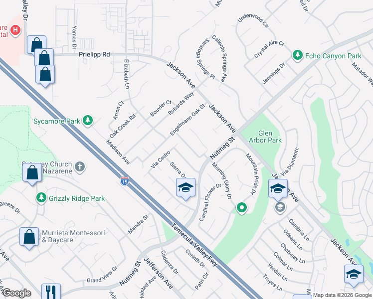 map of restaurants, bars, coffee shops, grocery stores, and more near 23682 Canyon Oak Drive in Murrieta