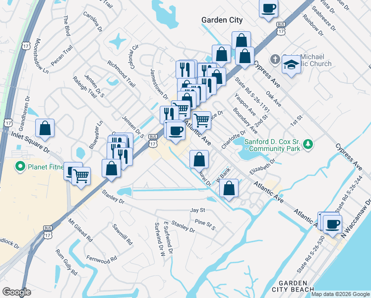 map of restaurants, bars, coffee shops, grocery stores, and more near Marina Drive in Garden City