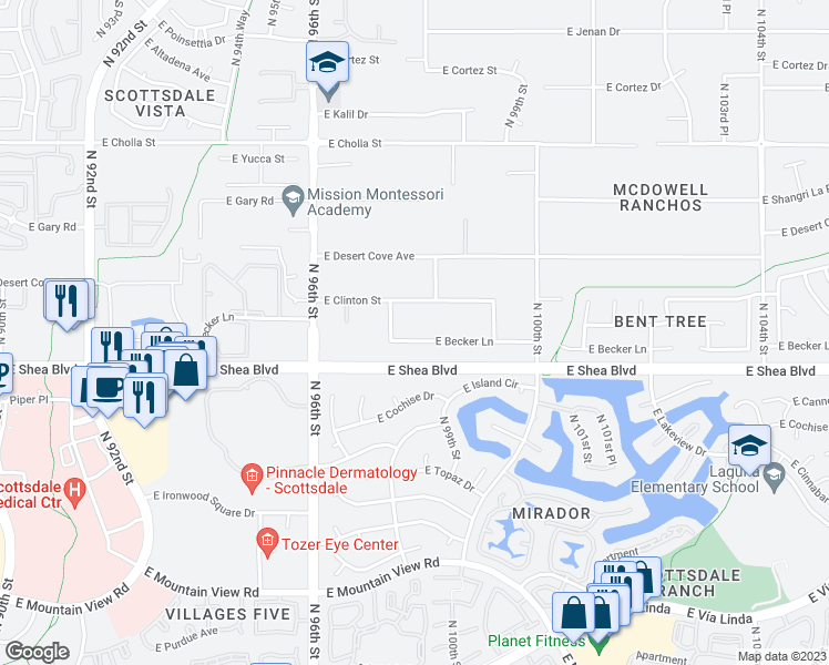 map of restaurants, bars, coffee shops, grocery stores, and more near 9734 East Becker Lane in Scottsdale