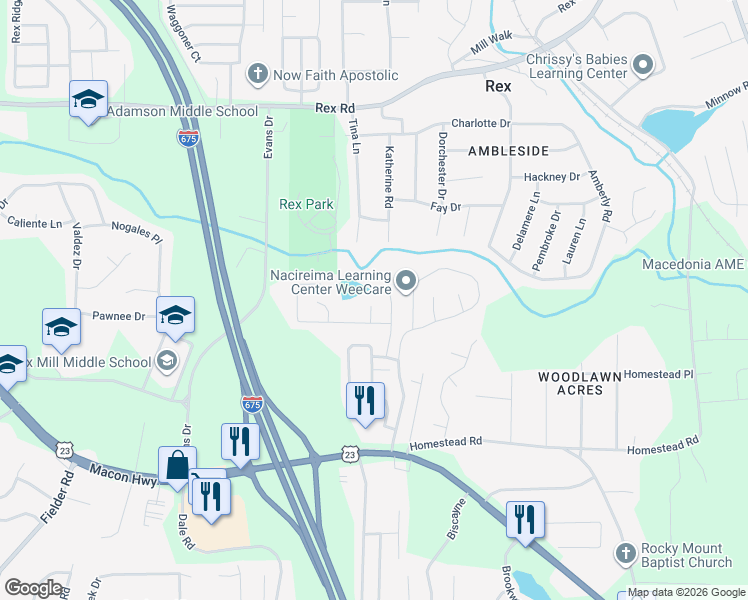 map of restaurants, bars, coffee shops, grocery stores, and more near 6262 Canoe Trce in Rex