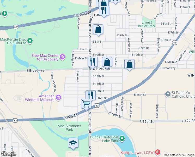 map of restaurants, bars, coffee shops, grocery stores, and more near 1714 Lehigh Street in Lubbock