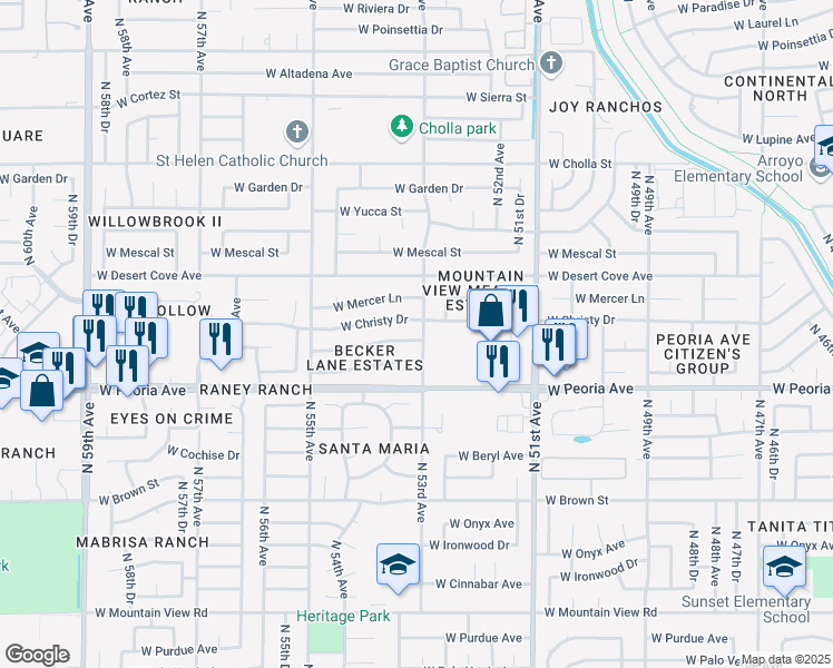 map of restaurants, bars, coffee shops, grocery stores, and more near 5302 West Saguaro Drive in Glendale