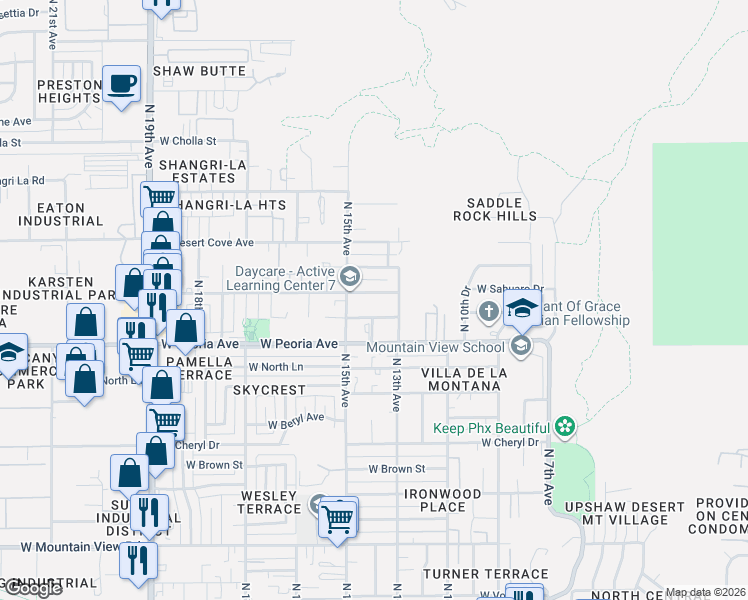 map of restaurants, bars, coffee shops, grocery stores, and more near 1495 West Sahuaro Drive in Phoenix