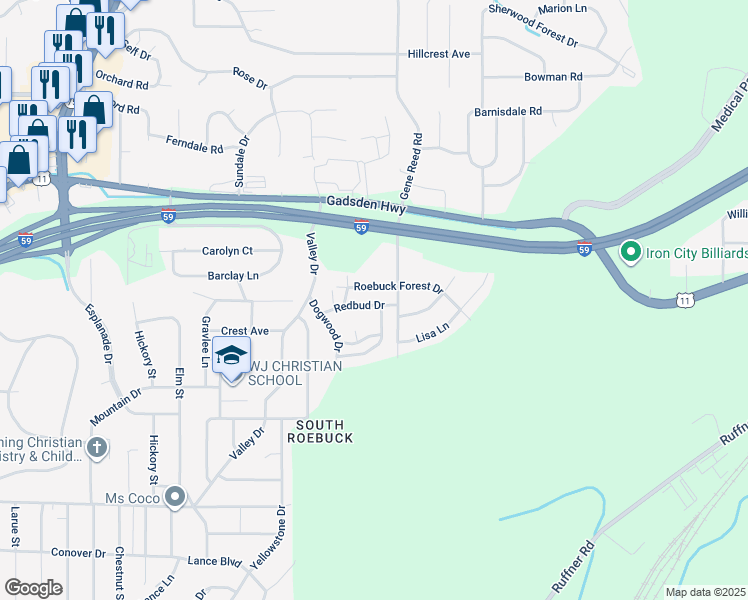 map of restaurants, bars, coffee shops, grocery stores, and more near 624 Redbud Drive in Birmingham