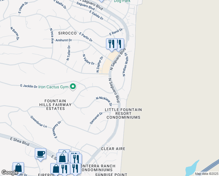 map of restaurants, bars, coffee shops, grocery stores, and more near 10650 North Devlin Circle in Fountain Hills