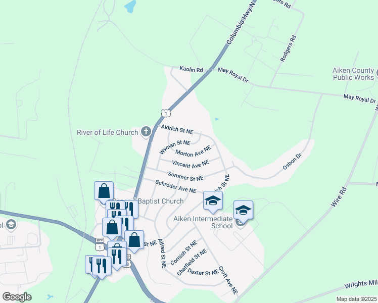 map of restaurants, bars, coffee shops, grocery stores, and more near 704 Morton Avenue in Aiken