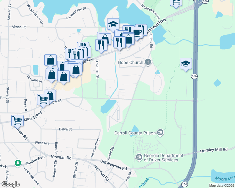 map of restaurants, bars, coffee shops, grocery stores, and more near 1170 Cedar Street in Carrollton