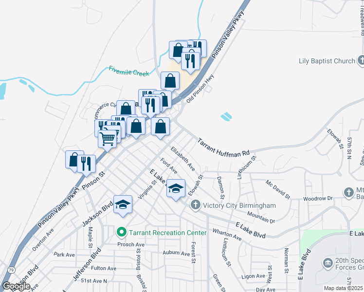 map of restaurants, bars, coffee shops, grocery stores, and more near 1812 Virginia Street in Birmingham