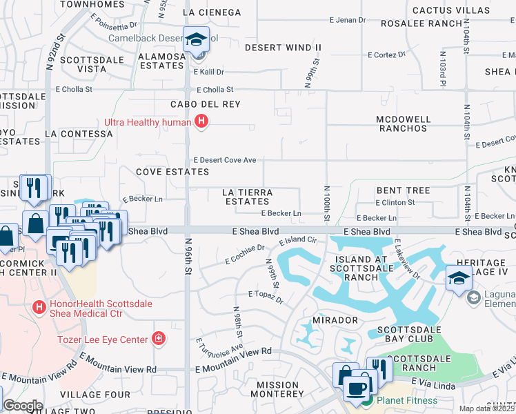 map of restaurants, bars, coffee shops, grocery stores, and more near 9734 East Becker Lane in Scottsdale
